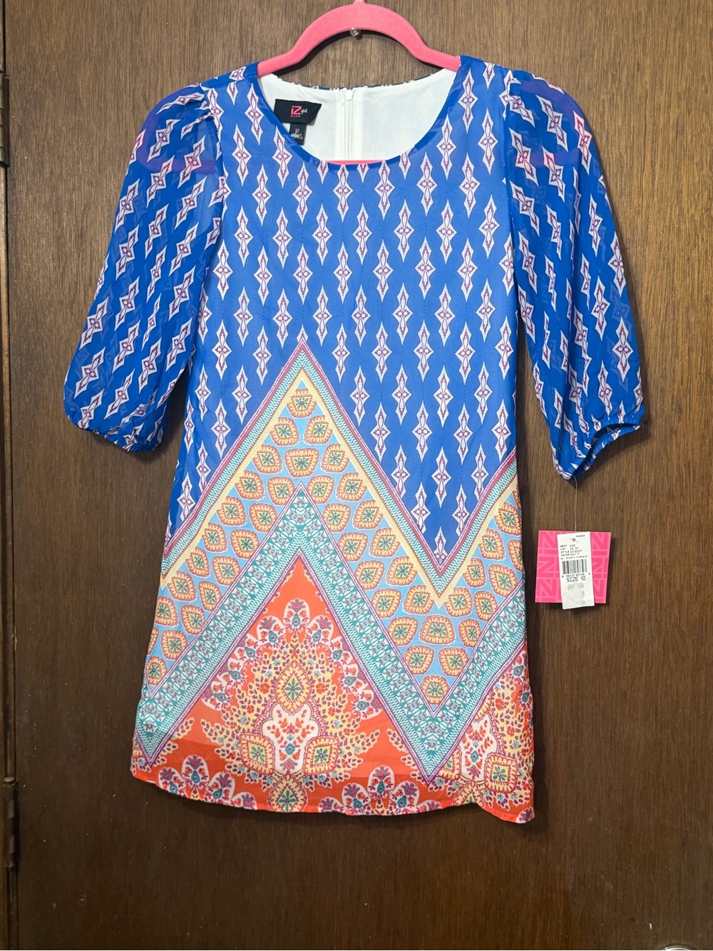 Iz Byer Blue Tunic with Coral & Turquoise Accents
